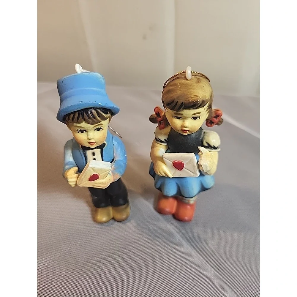 Vintage  Christmas Ornaments Made In Macau Set -‎ Boy and Girl with Heart...